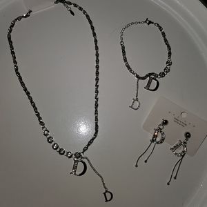 NEW MONOGRAM INTIAL D Silver and Rhinestone Necklace,  Earrings, Bracele…